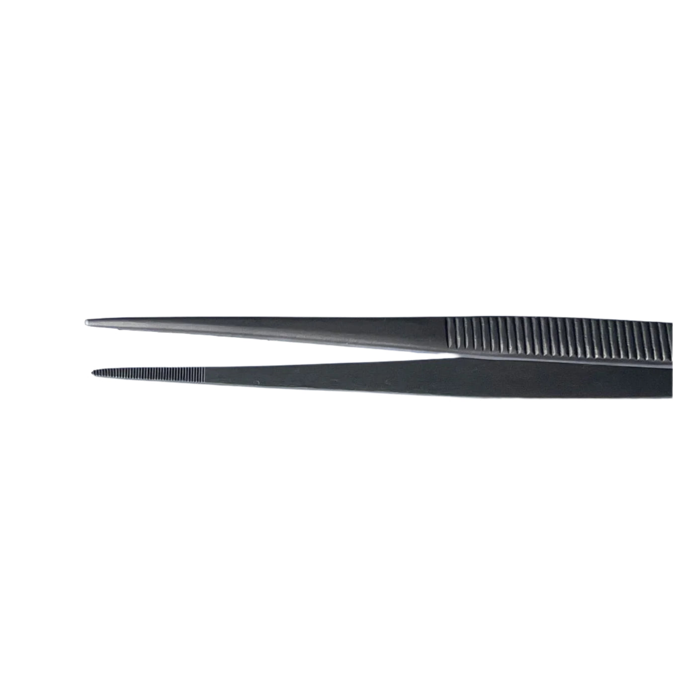 Titanium tweezers with serrated fine pointed tips close up serrated tips