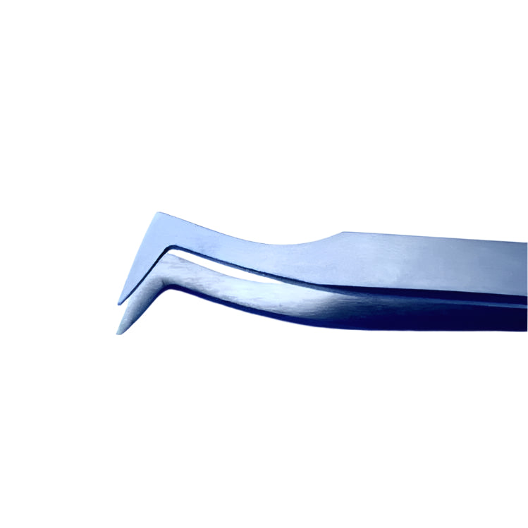 Titanium #6 hooked tipped tweezers on light colored background closeup of tips