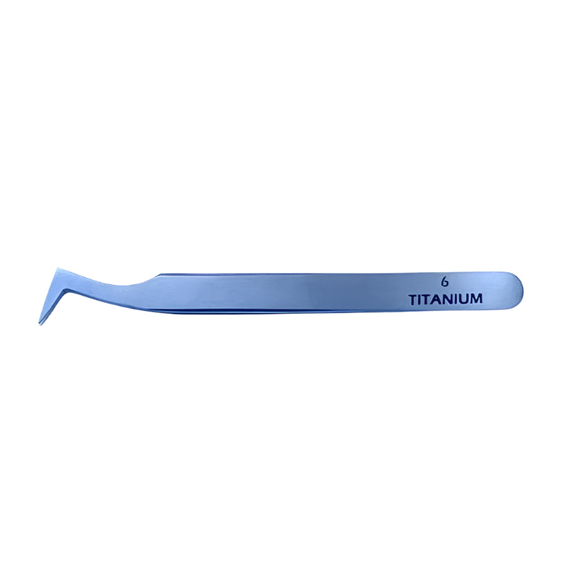 Titanium #6 hooked tipped tweezers on light colored background