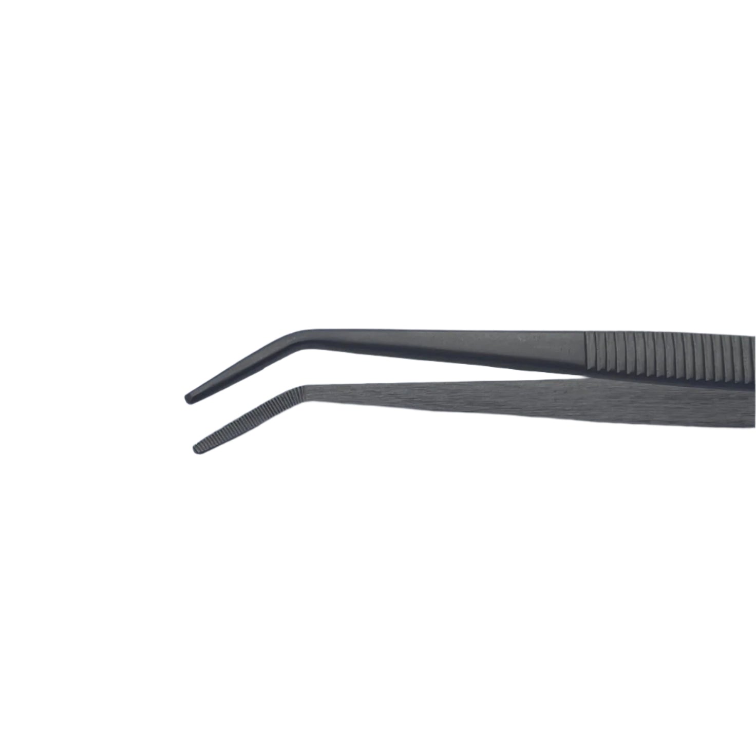 bent serrated tipped titanium tweezers on white background serrated tweezer tip closeup