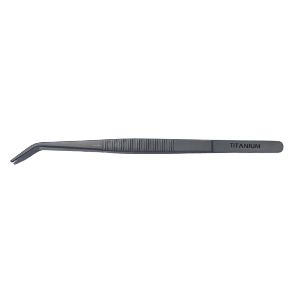 bent serrated tipped titanium tweezers on white background